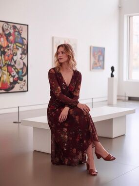 Burgundy Floral Wrap-Top Maxi Dress